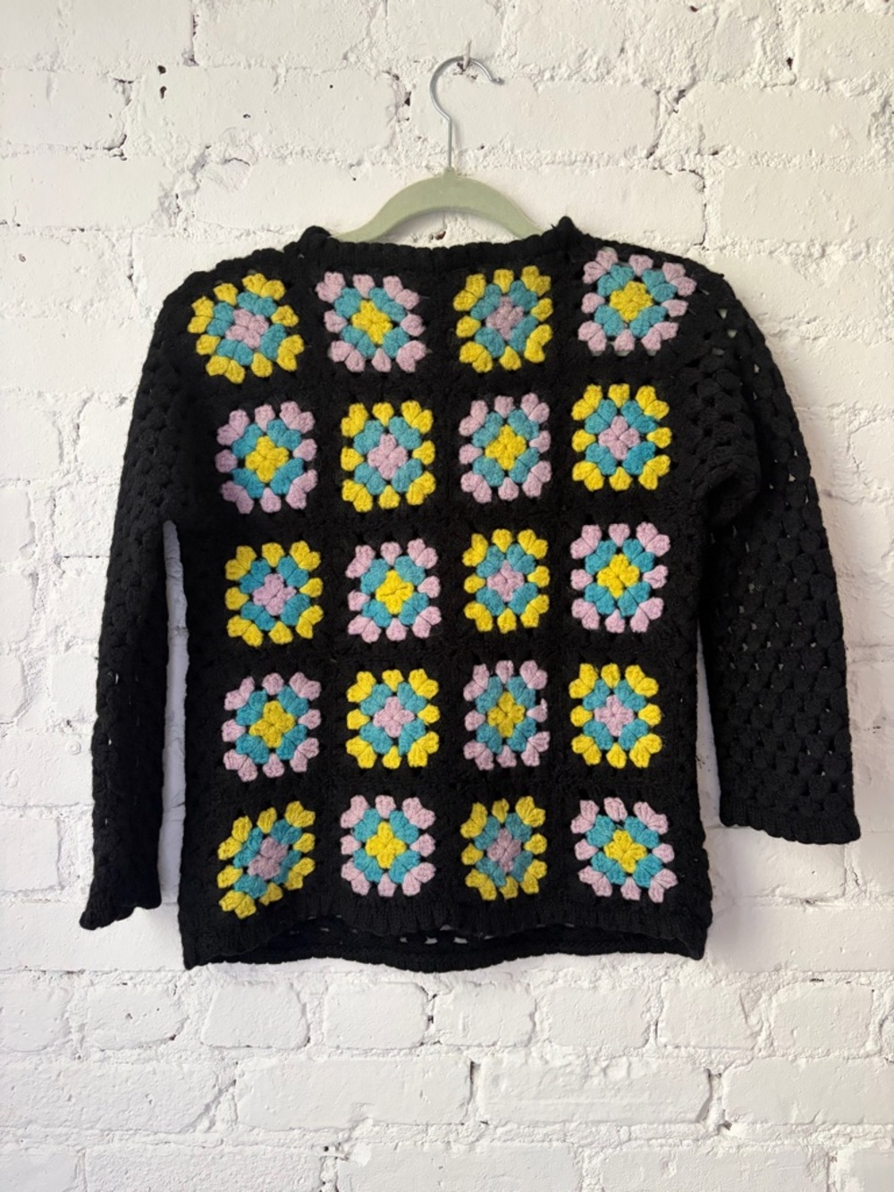 Vintage SAKS FIFTH AVENUE Black, Yellow & Pink Wool Granny-Square Sweater